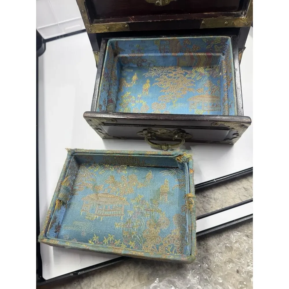 Stunning Antique Asian Jewelry Box w/ Ornate Brass, Chinese Carved Jade Inserts